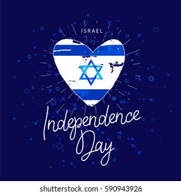 Israel. Independence Day. Flag in the shape of heart. Calligraphy and lettering. Vector illustration on a blue background. Great holiday hand-drawn gift card.