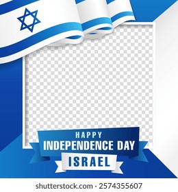 Israel Independence Day frame design with 3d flag for social media. Bent waving ribbon in colors of the Israel national flag, photo frame on a transparent background. Vector illustration