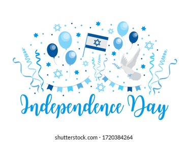 Israel Independence Day greeting card, poster, flyer, invitation with the national colors and star, garland, flag. 