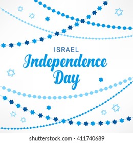 Israel Independence Day greeting card with garlands and Jewish stars in Blue and White. Perfect for Jewish greetings. Vector illustration