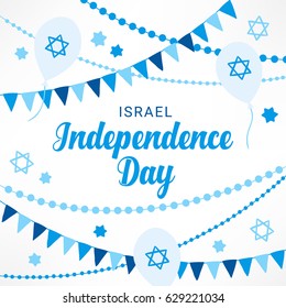 Tarjeta de saludo del Día de la Independencia de Israel con guirnaldas y globos en azul y blanco. Perfecto para saludos judíos. Ilustración del vector