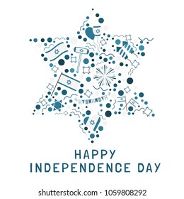 Israel Independence Day holiday flat design icons set in star of david shape with text in english "Happy Independence Day".