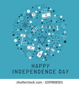 Israel Independence Day holiday flat design icons set in round shape with text in english "Happy Independence Day".