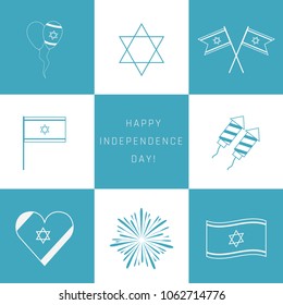 Israel Independence Day holiday flat design white thin line icons set with text in english "Happy Independence Day".