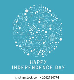 Israel Independence Day holiday flat design white thin line icons set in round shape with text in english "Happy Independence Day".