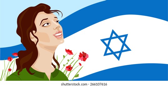 Israel Independence Day illustration. IDF beautiful girl soldier, spring flowers and Israel flag on the background. The image can be used as a greting card or website's header.