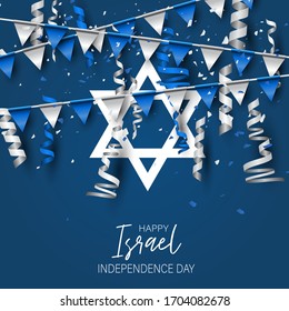 Israel Independence Day. National holiday design template. Israeli symbolics banner or flyer with blue and white flag colors and bunting garland. Vector illustration.