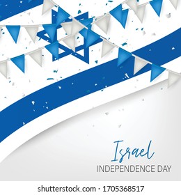 Israel Independence Day. National holiday design template. Israeli symbolics banner or flyer with blue and white flag and bunting garland. Vector illustration.