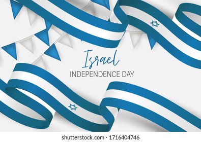 Israel Independence Day. National holiday design template. Israeli symbolics banner or flyer with blue waving flag ribbon. Vector illustration.