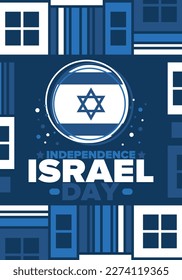 Israel Independence Day. National holiday, celebrated annual. Israel flag. Star of David, jewish symbol. Patriotic sign and elements. Poster, card, banner and background. Vector illustration