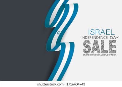 Israel Independence Day sale. National holiday design template. Israeli symbolics banner or flyer with blue waving flag ribbon. Vector illustration.