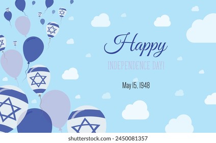 Israel Independence Day Sparkling Patriotic Poster. Row of Balloons in Colors of the Israeli Flag. Greeting Card with National Flags, Blue Skyes and Clouds.