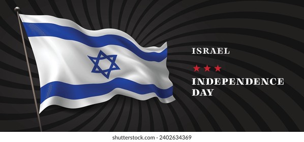 Israel independence day vector banner, greeting card. Israeli wavy flag in national patriotic holiday horizontal design