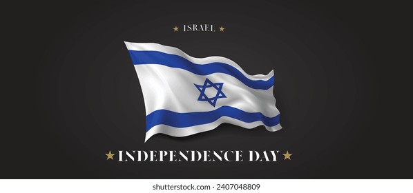 Israel independence day vector banner, greeting card. Israeli wavy flag in patriotic holiday horizontal design with realistic flag