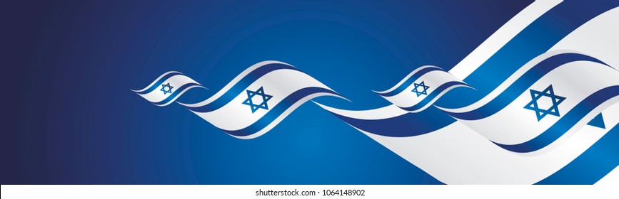 Israel Independence Day waving flags two fold blue landscape background banner greeting card