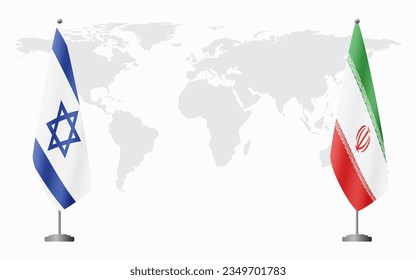 Israel and Iran flags for official meeting against background of world map.