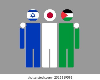 Israel, Japan, and Palestine National Flags With Embracing Body. Vector Illustration. Isolated background.