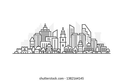 Israel, Jerusalem architecture line skyline illustration. Linear vector cityscape with famous landmarks, city sights, design icons. Landscape with editable strokes.