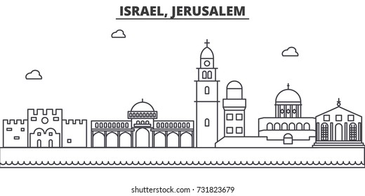 Israel, Jerusalem architecture line skyline illustration. Linear vector cityscape with famous landmarks, city sights, design icons. Landscape wtih editable strokes