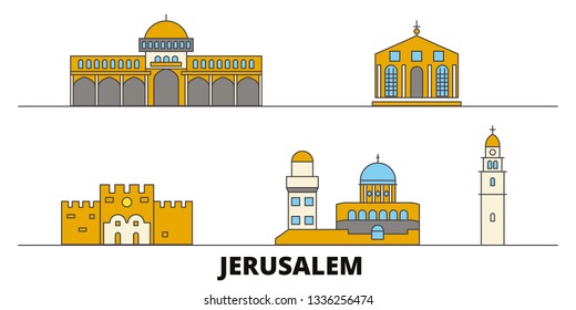 Israel, Jerusalem flat landmarks vector illustration. Israel, Jerusalem line city with famous travel sights, skyline, design. 