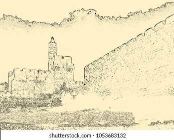 Israel. Jerusalem. Old City. The Tower Of David. Drawing Of A Pencil On Yellow Paper