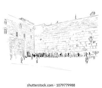 Israel. Jerusalem. Wall of Tears. Hand drawn sketch. Vector illustration.