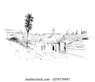 Israel. Jerusalem. Wall of Tears. Hand drawn sketch. Vector illustration.