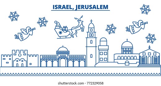 Israel, Jerusalim winter city skyline. Merry Christmas, Happy New Year decorated banner with Santa Claus.Winter greeting line card.Flat, outline vector.Linear christmas snow illustration