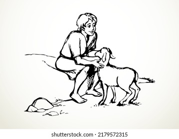 Israel jewish villag happy young guy worker hold care cute male ram baby kid breed goat pet flock land white sky. Middl east arabian cloth jew work Jesus Christ God story old retro hand drawn line art