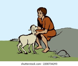 Israel jewish villag happy young guy worker hold care cute male ram baby kid breed goat pet flock land white sky. Middl east arabian cloth jew work Jesus Christ God story old retro hand drawn line art