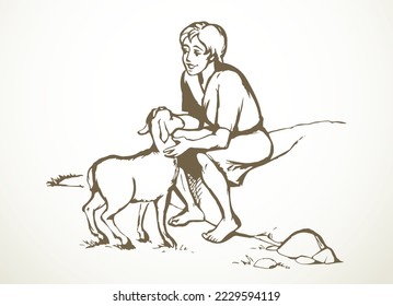 Israel jewish villag happy young guy worker hold care cute male ram baby kid breed goat pet flock land white sky. Middl east arabian cloth jew work Jesus Christ God story old retro hand drawn line art