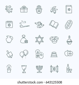 Israel Judaism Icons Collection. Line Happy Hanukkah Icons Set.