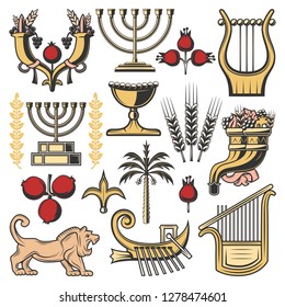 Israel juzga la religión y los símbolos culturales. menorah vectorial jewish, león de Jerusalén de Judá y cornucopia con granada, uva y trigo, palmera datilera, arpa de David o lira y barco de Zebulun