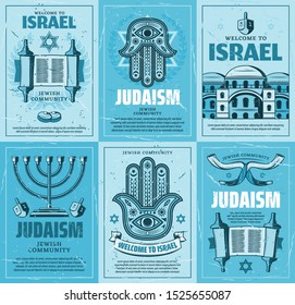 Israel and judaism religion vector design, jewish religious symbols. Star of David, menorah and torah, hebrew amulet of hamsa hand, Jerusalem, dreidel and Israeli shofar, hanukkah donut or sufganiyot