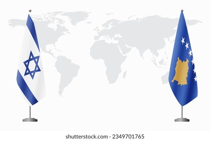 Israel and Kosovo flags for official meeting against background of world map.