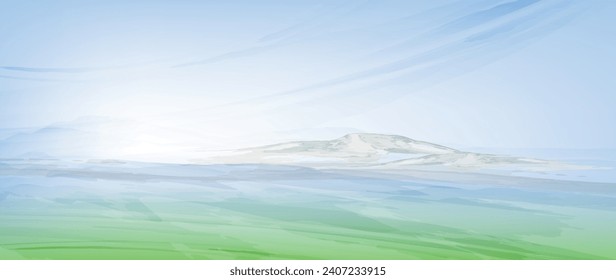 Israel aterriza. Una vista sobre la montaña de Hermon. Ilustración de la naturaleza del vector. Arte acuarela, campos y prados con montañas en el horizonte. 