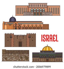 Israel Wahrzeichen Architektur, Kirchen und Tempel Gebäude, Vektor Jerusalem Sehenswürdigkeiten religiösen Orten. Wailing Wall Kotel, Kuppel des Felsschreins auf dem Tempelberg und islamische Al-Aqsa-Moschee