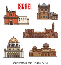 Israel landmarks architecture, travel sightseeing of Jaffa and Haifa, vector. Israeli Jewish and Islamic landmarks Holy Sepulchre Church, Bahai temple or Bab shrine and St Peter cathedral in Tel Aviv