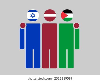Israel, Latvia, and Palestine National Flags With Embracing Body. Vector Illustration. Isolated background.