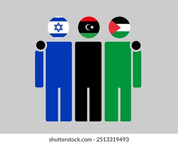 Israel, Libya, and Palestine National Flags With Embracing Body. Vector Illustration. Isolated background.