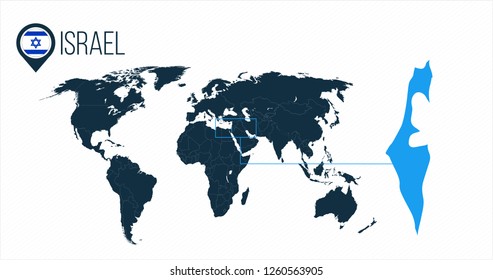 Israel location on the world map for infographics. All world countries without names. Israel round flag in the map pin or marker. vector illustration on stripped background.