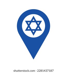 israel location pin, gps marker, made in israel symbol, find us sign, blue color with star of david, vector element