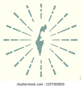 Israel Logo. Grunge sunburst poster with map of the country. Shape of Israel filled with hex digits with sunburst rays around. Radiant vector illustration.