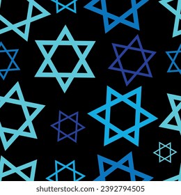 Israel Magen David star seamless pattern for print, web, design decoration, card, background. Stars of David on a black background vector illustration repeating pattern