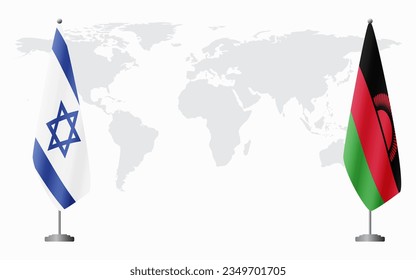 Israel and Malawi flags for official meeting against background of world map.