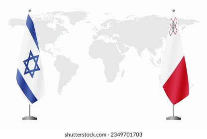 Israel and Malta flags for official meeting against background of world map.