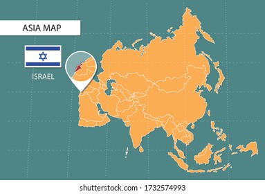Israel map in Asia zoom version, icons showing Israel location and flags.