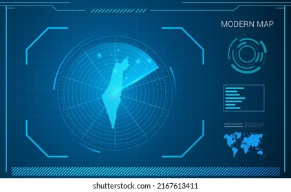Israel map of blue digital frame technology radar vector HUD, GUI, UI interface.