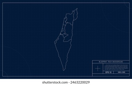 Israel Map with Blueprint Tech Style Background.
