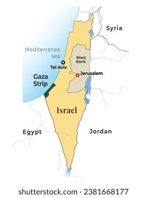 Israel map with its capital Jerusalem, Highlighted Gaza strip, with neighbour countries